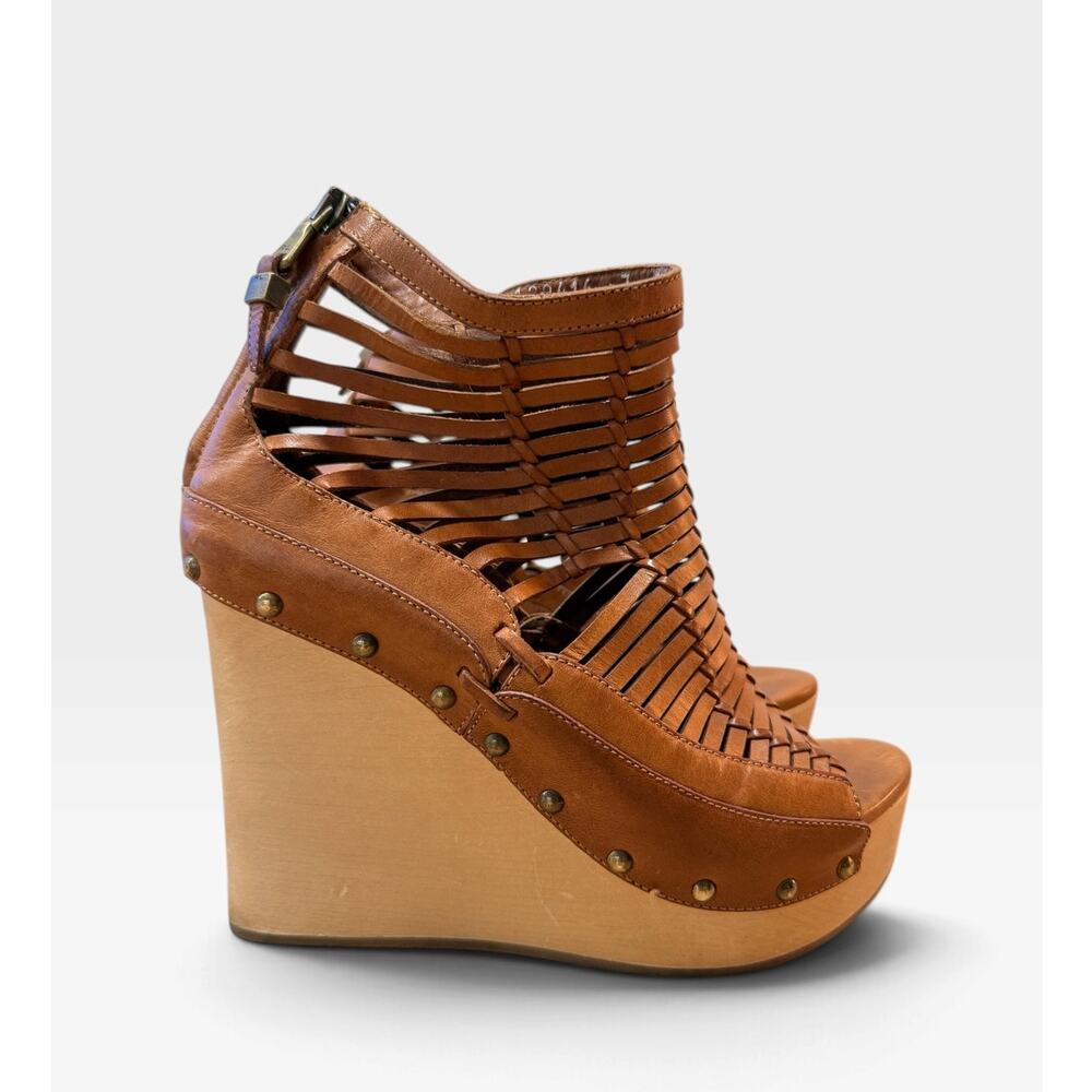 Ralph Lauren Collection Woven Leather Platform Wedge Sandals Brown 7 Rare